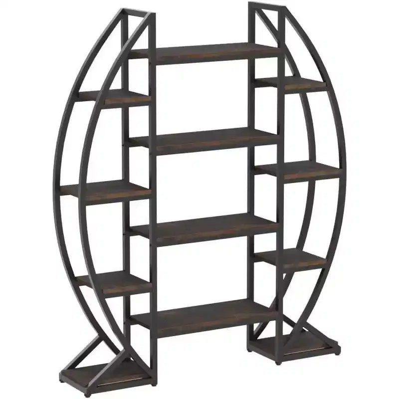 Bibliothèque ovale, étagère triple large à 5 niveaux, étagères de présentation industrielles pour salon, marron, 140 cm