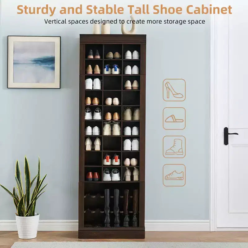 Grand meuble à chaussures en bois à 10 niveaux, organisateur avec 27 casiers et porte-bottes, rangement rustique autonome et mince pour l'entrée, 32 paires, marron rouge