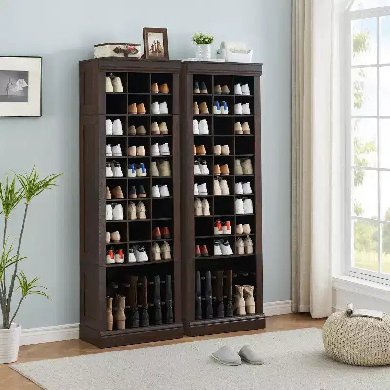 Grand meuble à chaussures en bois à 10 niveaux, organisateur avec 27 casiers et porte-bottes, rangement rustique autonome et mince pour l'entrée, 32 paires, marron rouge