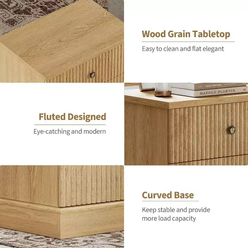 Table de chevet cannelée de style Mid-Century avec 2 tiroirs - Table d'appoint en bois clair pour chambre à coucher ou salon