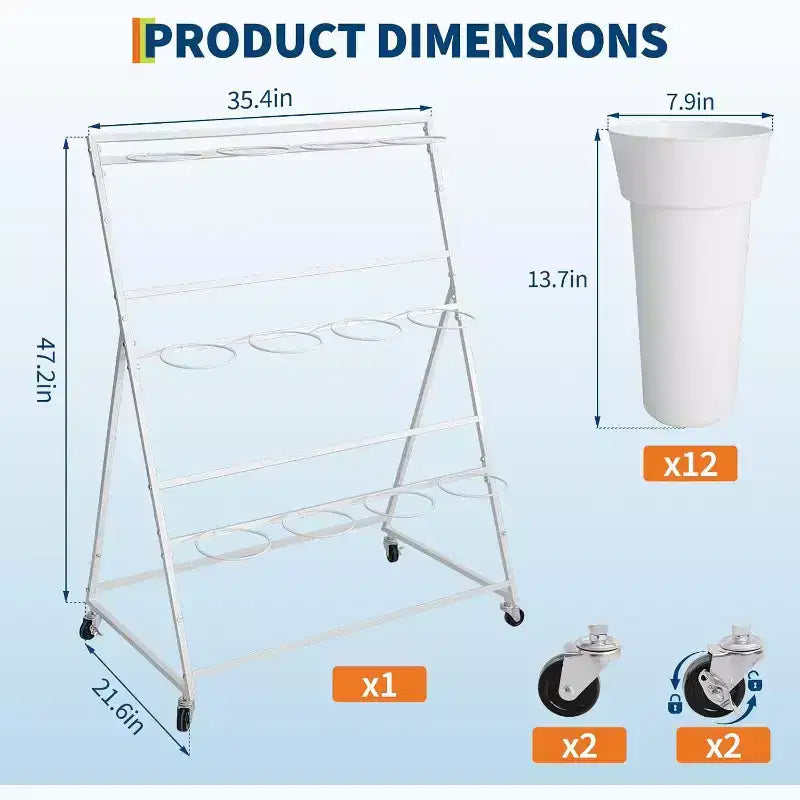 Présentoir à fleurs métallique à 3 niveaux avec 12 seaux, Support à plantes mobile avec roues, Utilisation intérieure et extérieure pour jardin, patio, mariage, fleuriste