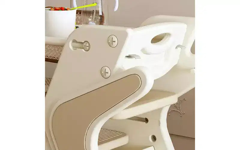 Chaise haute multi-fonctionnelle réglable en hauteur pour les repas et l'alimentation des enfants, harnais de sécurité à cinq points et plateau amovible, blanc