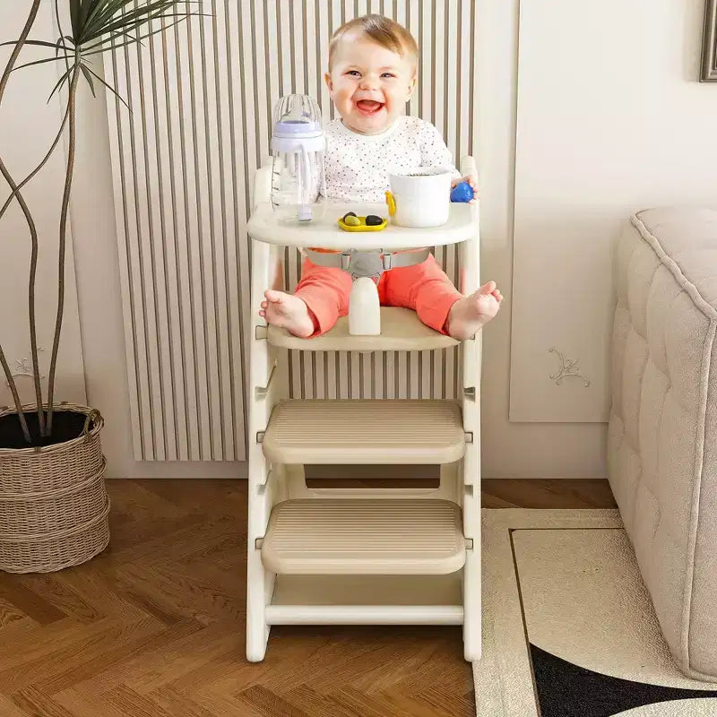 Chaise haute multi-fonctionnelle réglable en hauteur pour les repas et l'alimentation des enfants, harnais de sécurité à cinq points et plateau amovible, blanc