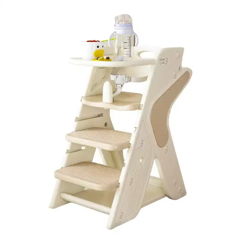 Chaise haute multi-fonctionnelle réglable en hauteur pour les repas et l'alimentation des enfants, harnais de sécurité à cinq points et plateau amovible, blanc
