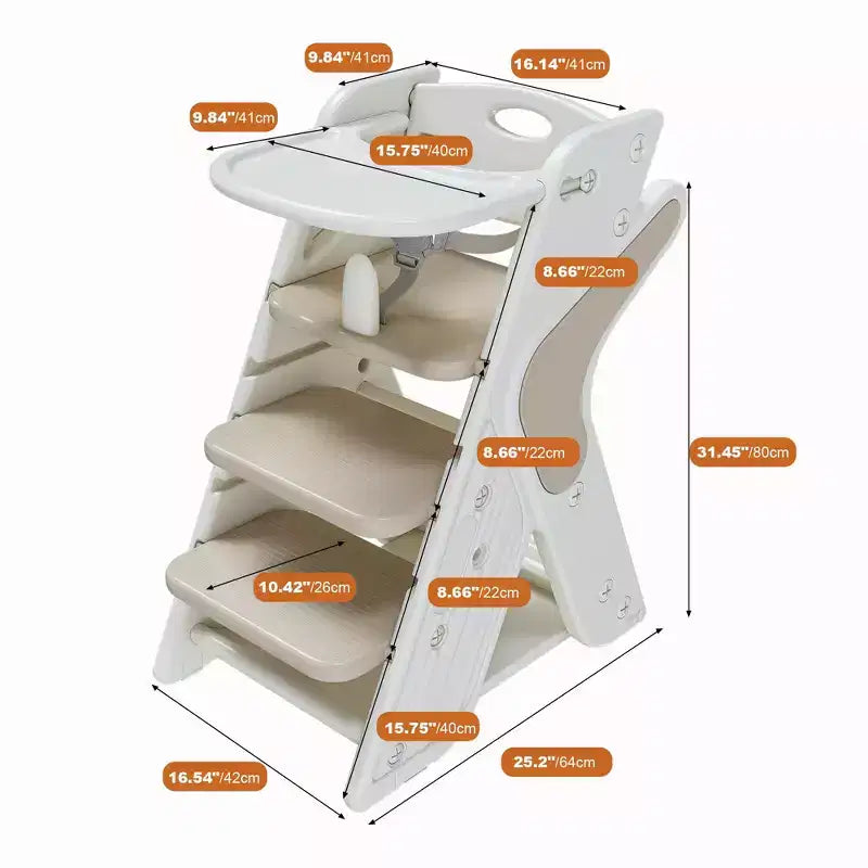 Chaise haute multi-fonctionnelle réglable en hauteur pour les repas et l'alimentation des enfants, harnais de sécurité à cinq points et plateau amovible, blanc