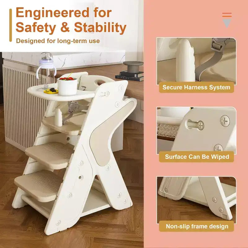 Chaise haute multi-fonctionnelle réglable en hauteur pour les repas et l'alimentation des enfants, harnais de sécurité à cinq points et plateau amovible, blanc