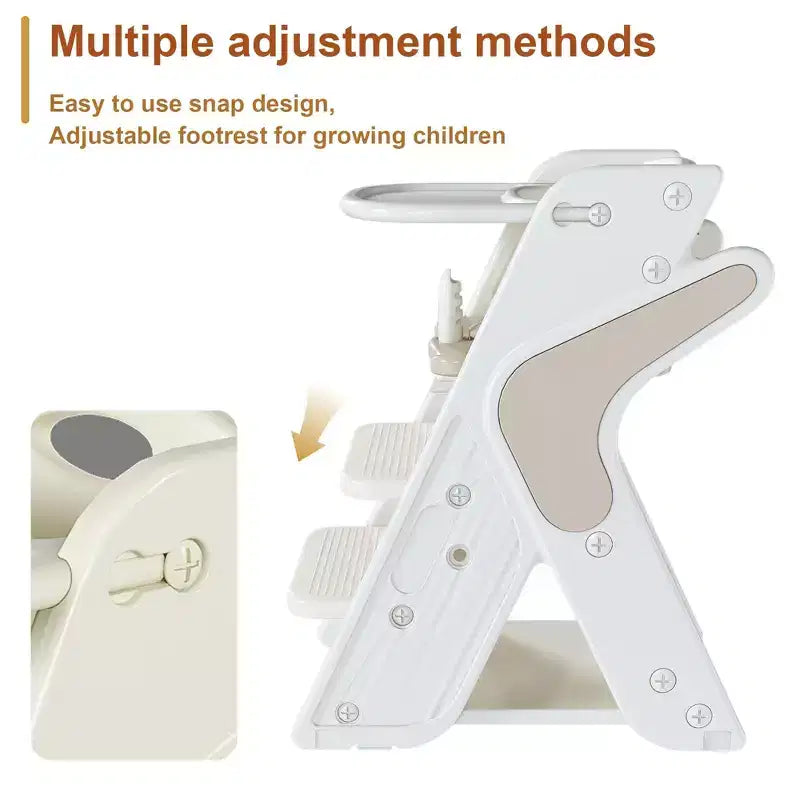 Chaise haute multi-fonctionnelle réglable en hauteur pour les repas et l'alimentation des enfants, harnais de sécurité à cinq points et plateau amovible, blanc