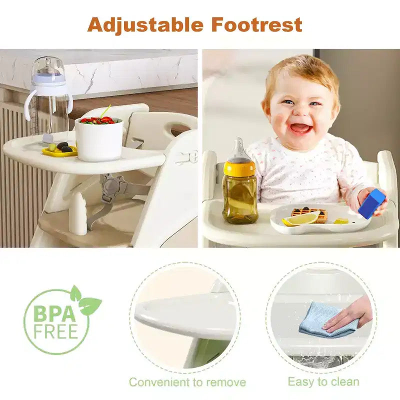 Chaise haute multi-fonctionnelle réglable en hauteur pour les repas et l'alimentation des enfants, harnais de sécurité à cinq points et plateau amovible, blanc