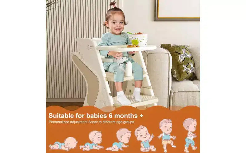 Chaise haute multi-fonctionnelle réglable en hauteur pour les repas et l'alimentation des enfants, harnais de sécurité à cinq points et plateau amovible, blanc