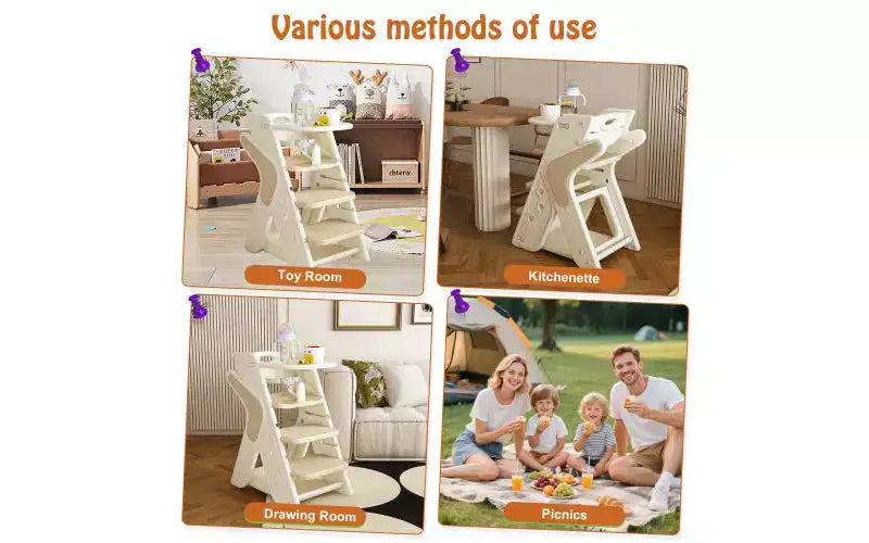 Chaise haute multi-fonctionnelle réglable en hauteur pour les repas et l'alimentation des enfants, harnais de sécurité à cinq points et plateau amovible, blanc