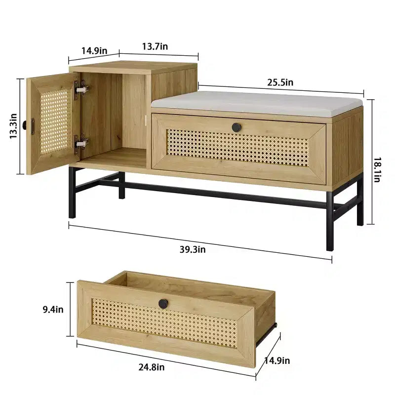 Banc à chaussures, Banc d'entrée Banc de rangement en rotin avec tiroir basculant Chêne naturel pour Couloir/Chambre