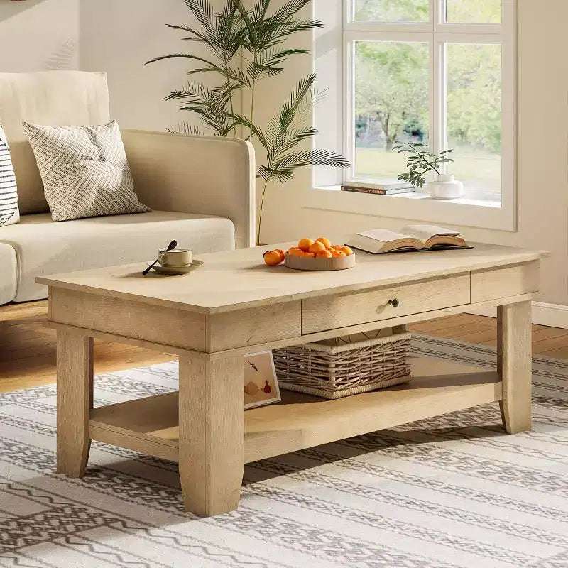 Table basse avec tiroir et étagère de rangement ouverte, Grande table centrale en bois pour salon, Facile à nettoyer, Marron/Chêne clair