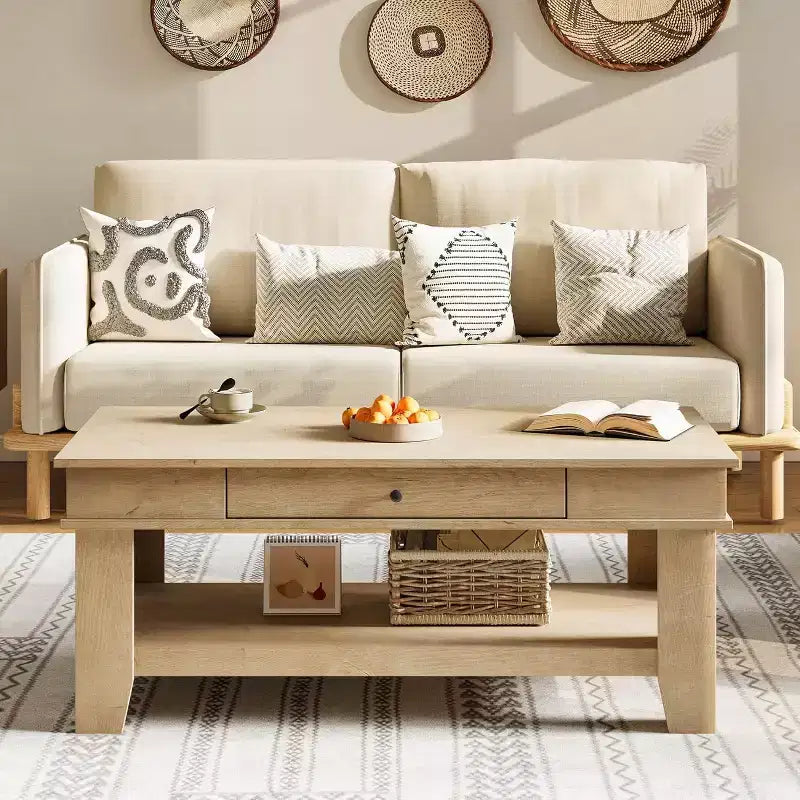 Table basse avec tiroir et étagère de rangement ouverte, Grande table centrale en bois pour salon, Facile à nettoyer, Marron/Chêne clair