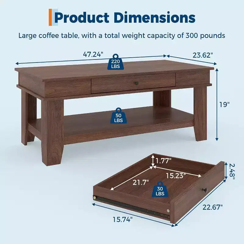 Table basse avec tiroir et étagère de rangement ouverte, Grande table centrale en bois pour salon, Facile à nettoyer, Marron/Chêne clair