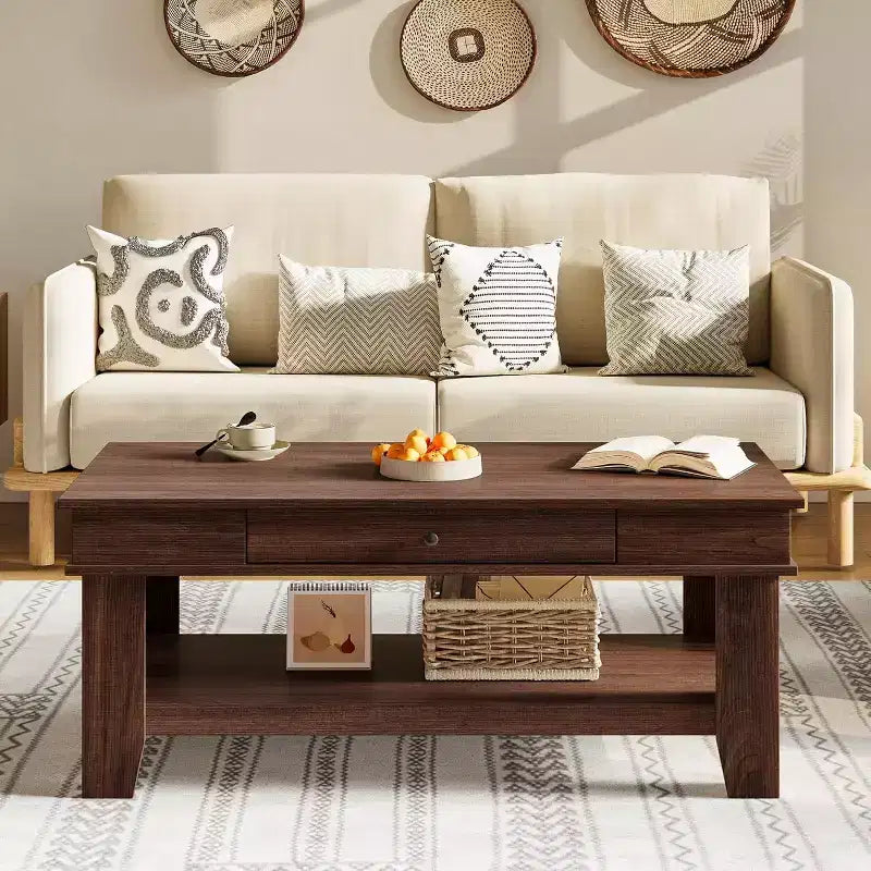 Table basse avec tiroir et étagère de rangement ouverte, Grande table centrale en bois pour salon, Facile à nettoyer, Marron/Chêne clair