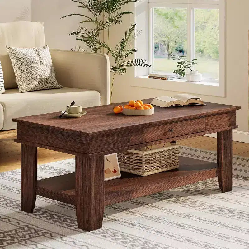 Table basse avec tiroir et étagère de rangement ouverte, Grande table centrale en bois pour salon, Facile à nettoyer, Marron/Chêne clair