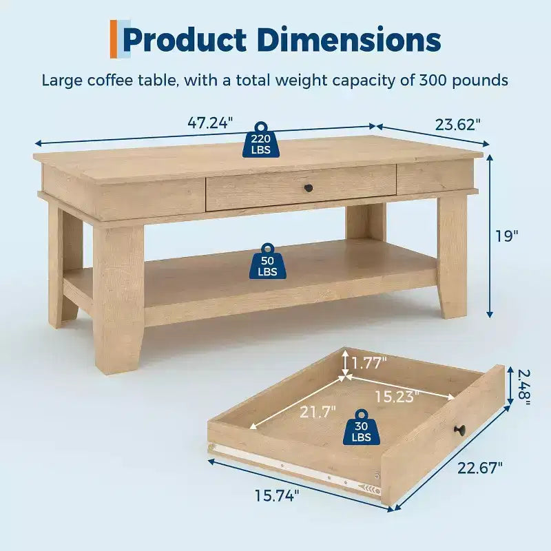 Table basse avec tiroir et étagère de rangement ouverte, Grande table centrale en bois pour salon, Facile à nettoyer, Marron/Chêne clair
