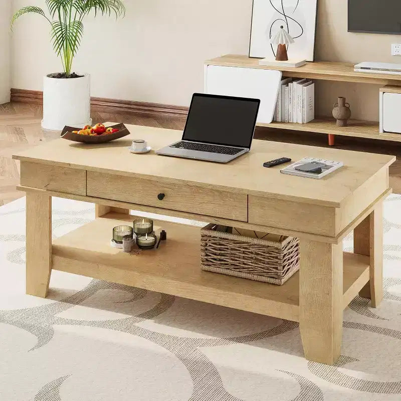 Table basse avec tiroir et étagère de rangement ouverte, Grande table centrale en bois pour salon, Facile à nettoyer, Marron/Chêne clair
