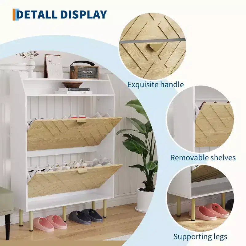 Meuble à chaussures, Meuble d'entrée 45H 2 tiroirs basculants Armoire en bois Blanc+Bois Rangement caché 31.1W x 9.1D