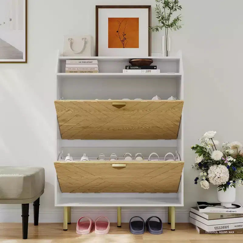 Meuble à chaussures, Meuble d'entrée 45H 2 tiroirs basculants Armoire en bois Blanc+Bois Rangement caché 31.1W x 9.1D