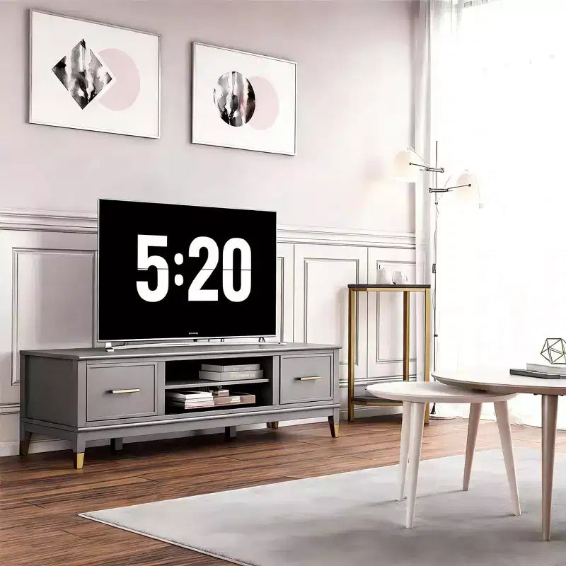 Meuble TV multimédia moderne de 59,61 pouces pour téléviseurs jusqu'à 65 pouces, deux portes et compartiment de rangement central, gris foncé