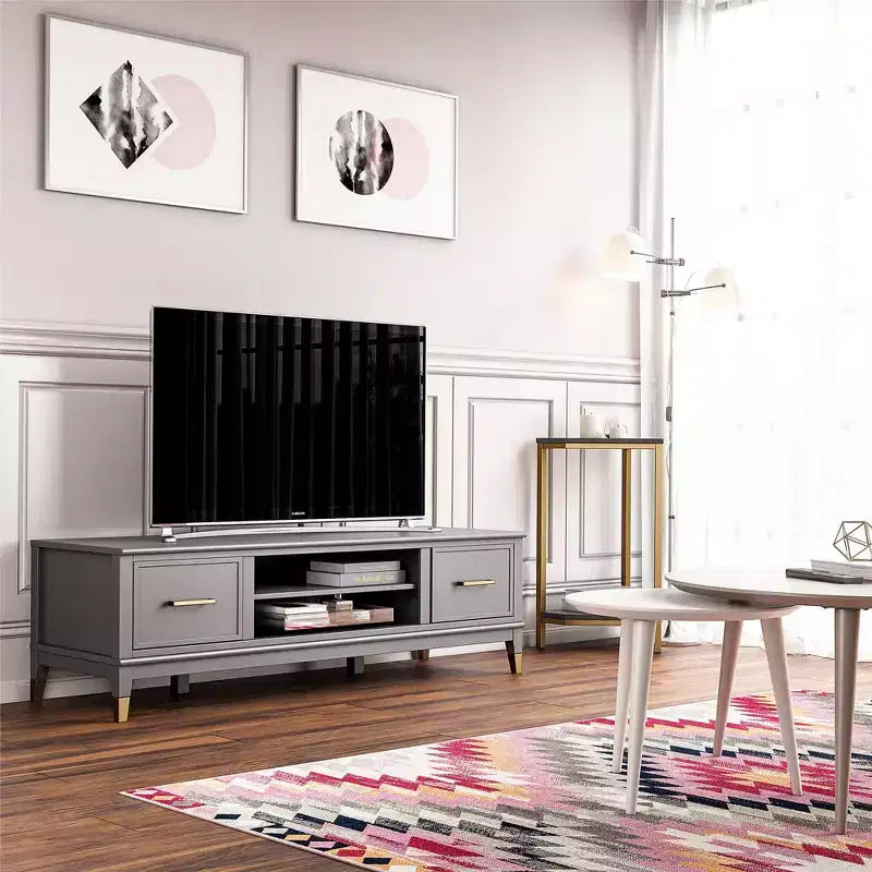 Meuble TV multimédia moderne de 59,61 pouces pour téléviseurs jusqu'à 65 pouces, deux portes et compartiment de rangement central, gris foncé