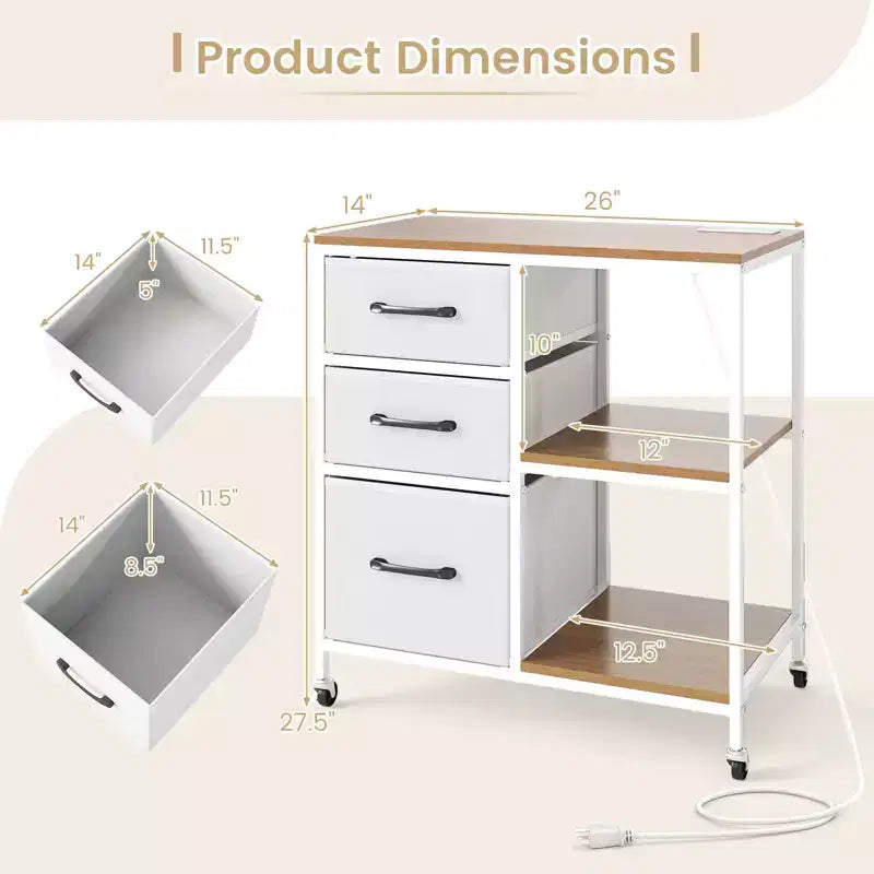 Classeur mobile à 3 tiroirs avec station de charge et étagères de rangement ouvertes pour bureau à domicile