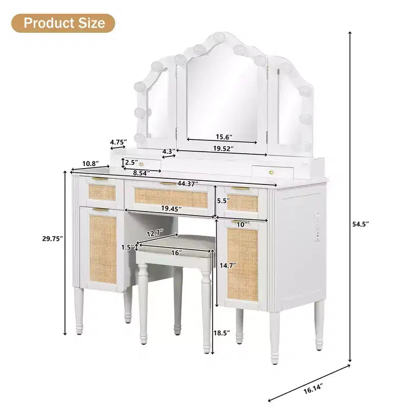 Coiffeuse de 112,7 cm avec 13 ampoules LED, 3 modes d'éclairage, miroir triple, 5 tiroirs et étagères, station de charge pour chambre à coucher, blanche