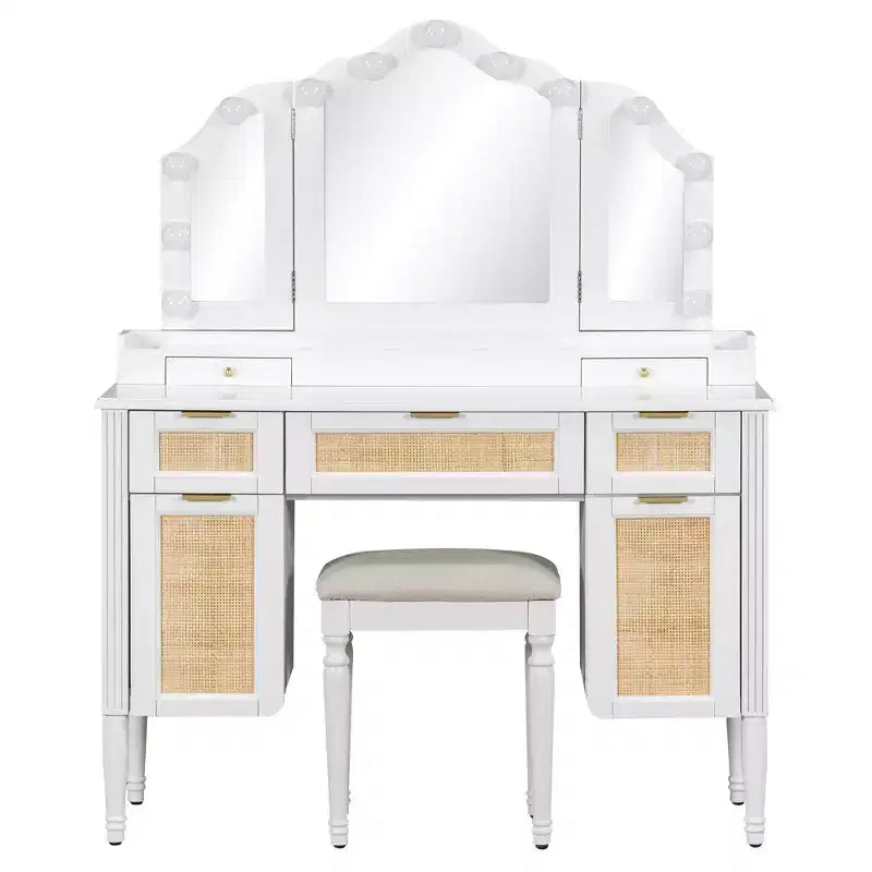 Coiffeuse de 112,7 cm avec 13 ampoules LED, 3 modes d'éclairage, miroir triple, 5 tiroirs et étagères, station de charge pour chambre à coucher, blanche