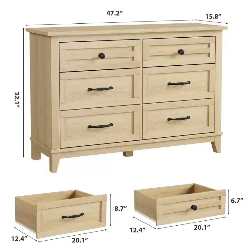 Commode 6 tiroirs pour chambre, commode de 119 cm de large avec rangement autonome, commode de rangement en bois pour salon, chambre, entrée