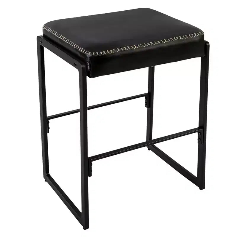 Mid-Century Modern Bar Stool, Waxy Leather with Decorative Stitching, Thick Cushion, Concealed Adjustable Feet