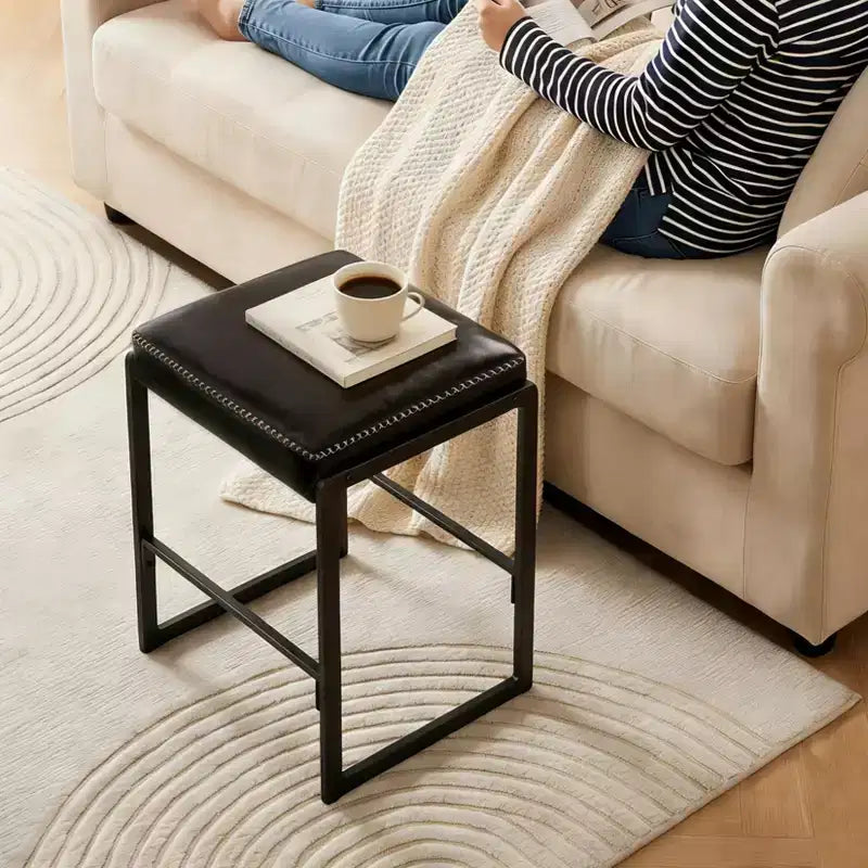 Tabouret de bar Mid-Century Modern, Cuir ciré avec surpiqûres décoratives, Coussin épais, Pieds réglables dissimulés