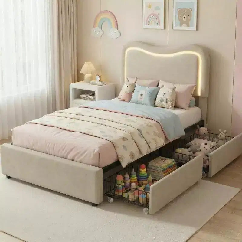 Cadre de lit avec 2 tiroirs de rangement, lit plateforme tapissé avec tête de lit LED, sommier tapissier non requis pour enfants, adolescents