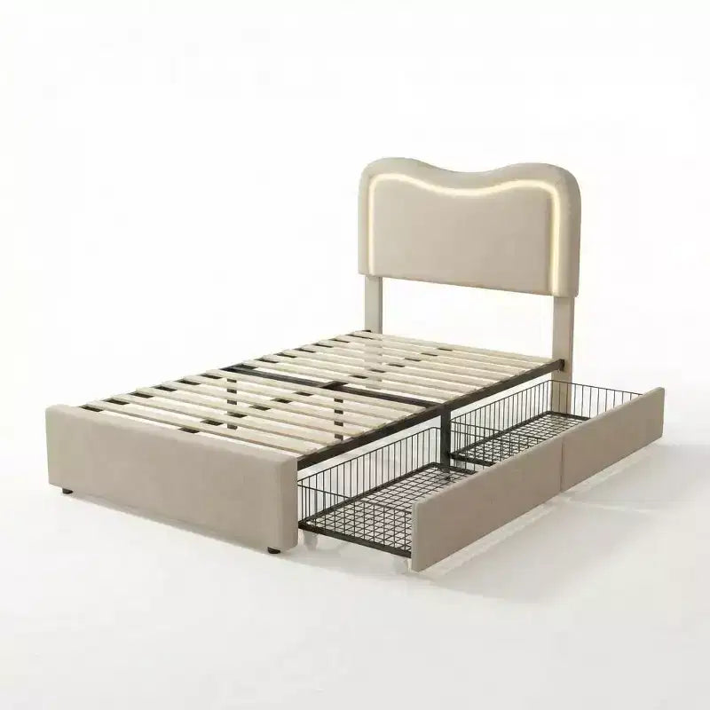 Cadre de lit avec 2 tiroirs de rangement, lit plateforme tapissé avec tête de lit LED, sommier tapissier non requis pour enfants, adolescents