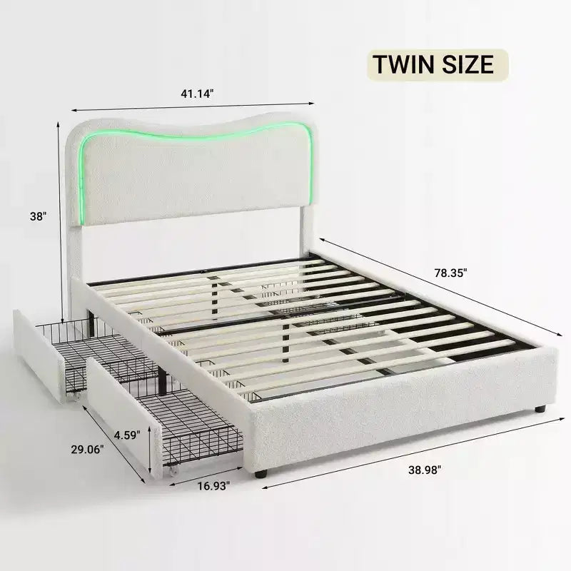 Cadre de lit avec 2 tiroirs de rangement, lit plateforme tapissé avec tête de lit LED, sommier tapissier non requis pour enfants, adolescents