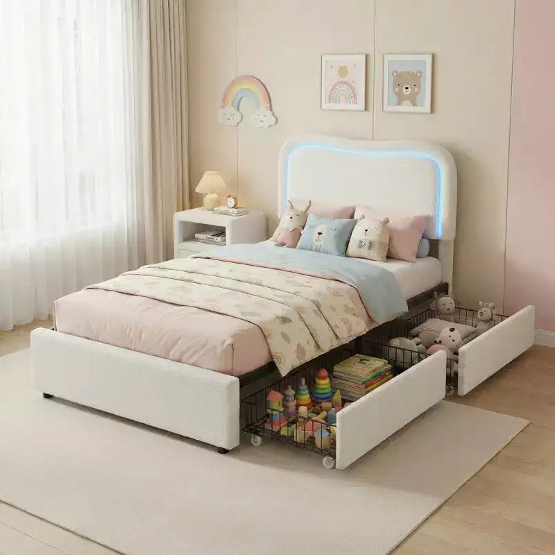 Cadre de lit avec 2 tiroirs de rangement, lit plateforme tapissé avec tête de lit LED, sommier tapissier non requis pour enfants, adolescents