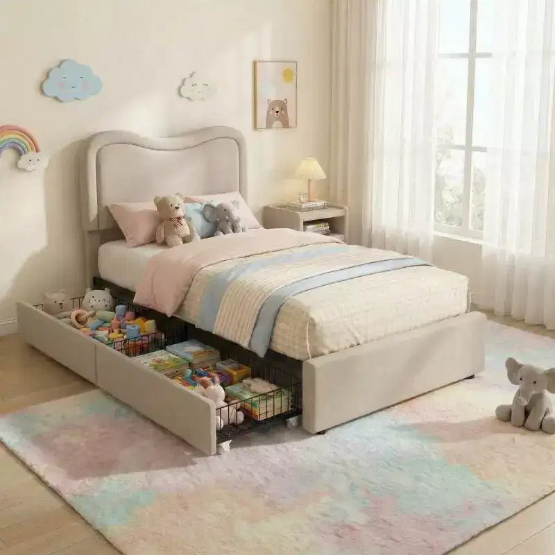 Cadre de lit avec 2 tiroirs de rangement, lit plateforme tapissé avec tête de lit LED, sommier tapissier non requis pour enfants, adolescents