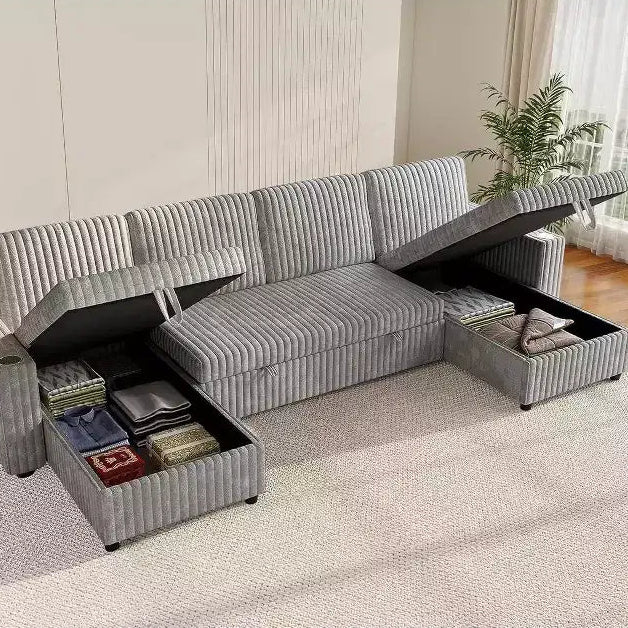 MooxvMoo 122 U-Shaped Convertible Sleeper Sofa with Storage, Adjustable Backrest, Side Table, USB Ports & Cup Holders, Grey