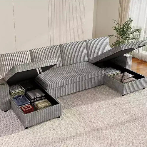 MooxvMoo 122 U-Shaped Convertible Sleeper Sofa with Storage, Adjustable Backrest, Side Table, USB Ports & Cup Holders, Grey