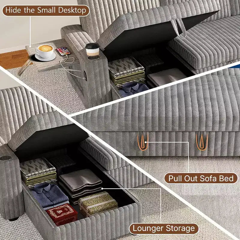 Canapé-lit convertible en U avec rangement, dossier réglable, table d'appoint, ports USB et porte-gobelets, gris - 122 pouces