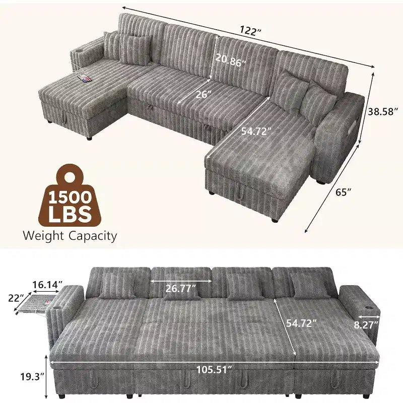 Canapé-lit convertible en U avec rangement, dossier réglable, table d'appoint, ports USB et porte-gobelets, gris - 122 pouces
