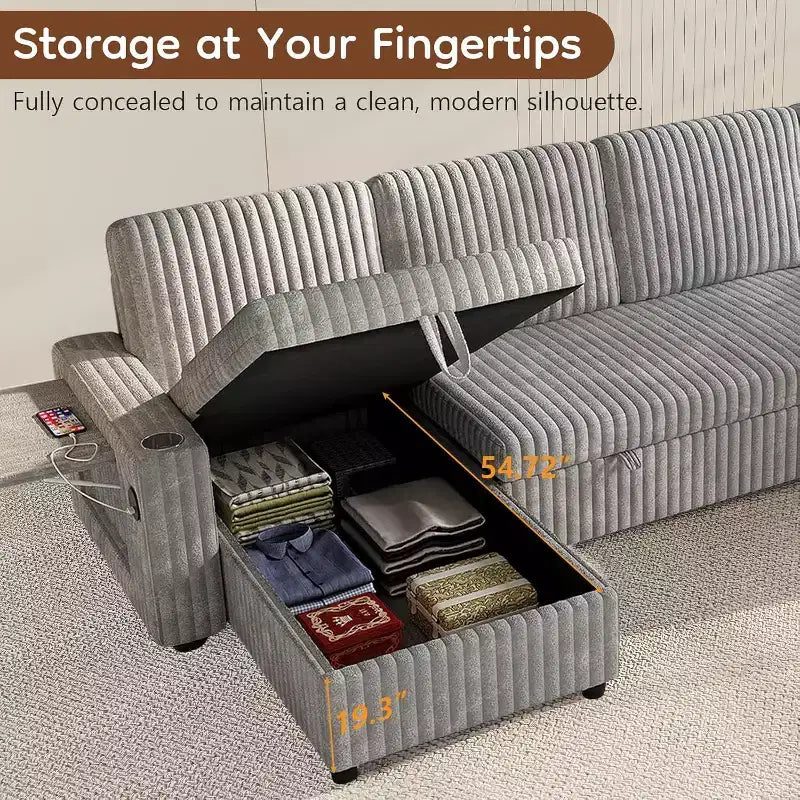Canapé-lit convertible en U avec rangement, dossier réglable, table d'appoint, ports USB et porte-gobelets, gris - 122 pouces