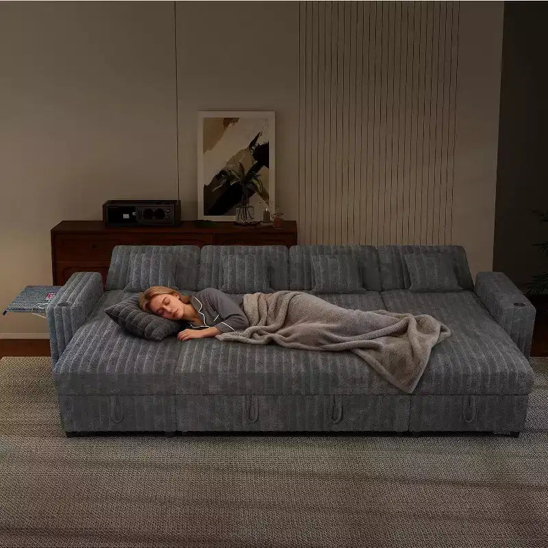 Canapé-lit convertible en U avec rangement, dossier réglable, table d'appoint, ports USB et porte-gobelets, gris - 122 pouces