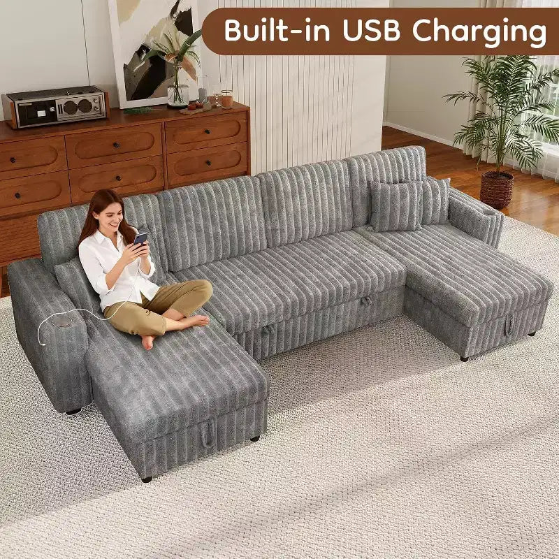 Canapé-lit convertible en U avec rangement, dossier réglable, table d'appoint, ports USB et porte-gobelets, gris - 122 pouces