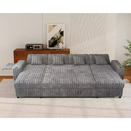 Canapé-lit convertible en U avec rangement, dossier réglable, table d'appoint, ports USB et porte-gobelets, gris - 122 pouces