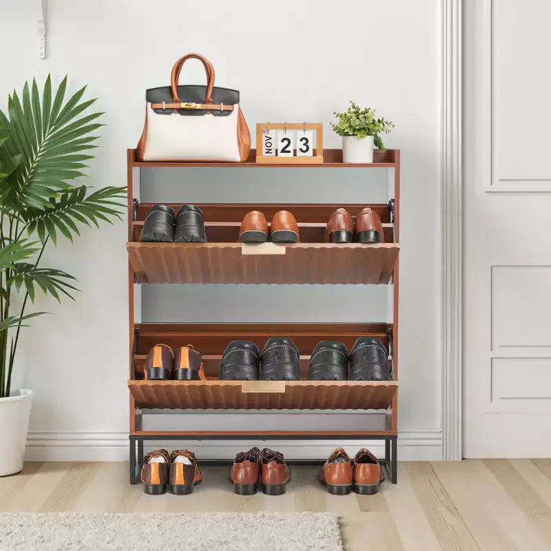 Meuble à chaussures Mid-Century avec 2 tiroirs basculants, design cannelé, anti-basculement, entrée étroite, noyer