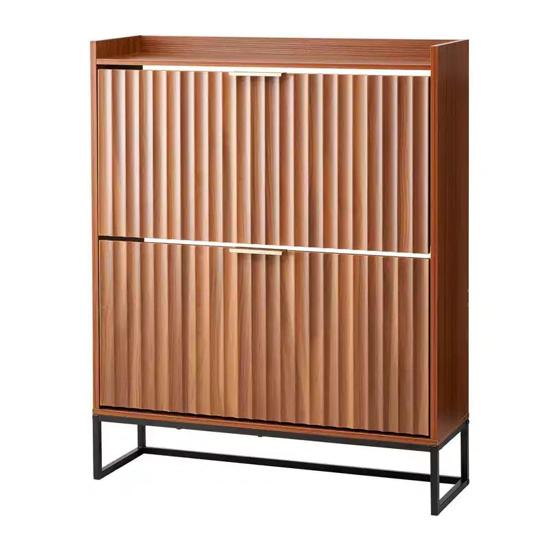 Meuble à chaussures Mid-Century avec 2 tiroirs basculants, design cannelé, anti-basculement, entrée étroite, noyer