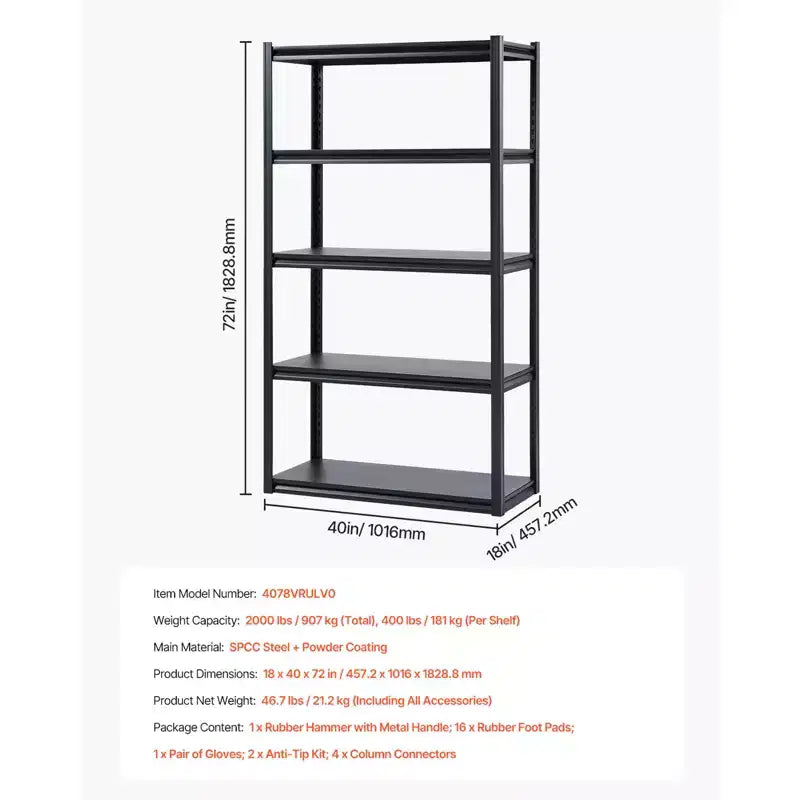 Étagères de rangement 907 kg, étagères de rangement de garage à 5 niveaux 45,7x101,6x182,9 cm, étagères métalliques réglables, utilitaire, noir