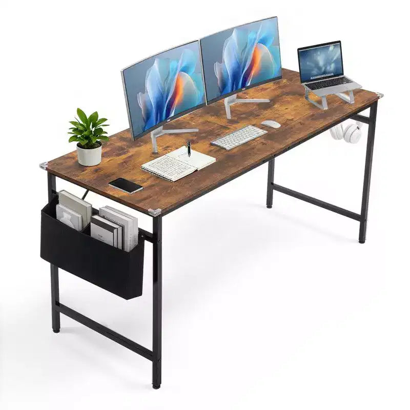 Bureau informatique 63" pour bureau à domicile, bureau d'étude avec rangement, crochets latéraux et pieds réglables