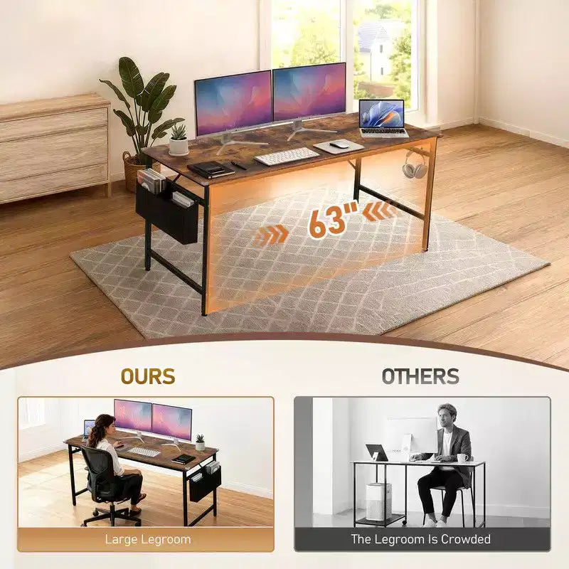Bureau informatique 63" pour bureau à domicile, bureau d'étude avec rangement, crochets latéraux et pieds réglables